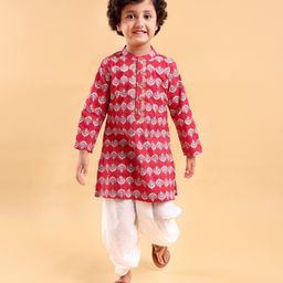 Babyhug 100% Cotton Woven Full Sleeves Printed Design Kurta & Dhoti Set - Red & White-image-4