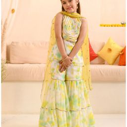 Pspeaches Sleeveless Sequin Gota Pati Lace Embellished & Colour Gradient Coordinating Sharara Set - Multi Colour-image-51