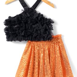 Lil' Drama Sleeveless Halter Neck Ruffled Top With Sequin Embellished Skirt - Black-picture-24