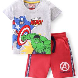Babyhug Marvel 100% Cotton Knit  Half Sleeves T-Shirt & Shorts With Avengers Graphics - Grey & Red-image-86