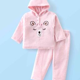 Babyhug Fur Woven Full Sleeves Hooded Winter Wear Suit With 3D Applique - Pink-picture-9