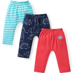 Babyhug Cotton Knit Full Length Diaper Leggings with Dino & Striped Pattern Pack of 3 - Multicolor-image-79