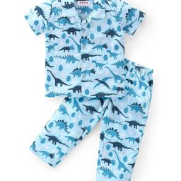 Babyhug Cotton Woven Half Sleeves Collar Neck Night Suit with Dino Print - Blue-image-56
