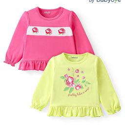 Babyoye 100% Cotton with Eco- Jiva Finish Full Sleeves Rose  Printed Tops with Frill Pack of 2 - Pink & Green-image-65
