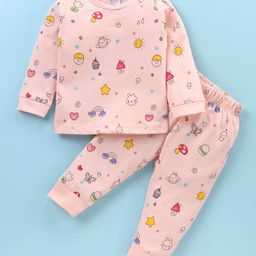 Ollypop Cotton Knit Full Sleeves Night Suit With Floral & Hearts Print - Light Pink-image-39