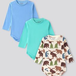 Bonfino 100% Cotton Knit Full Sleeves Solid & Animal Printed Onesies Pack Of 3 - Aqua Blue & White-image-32