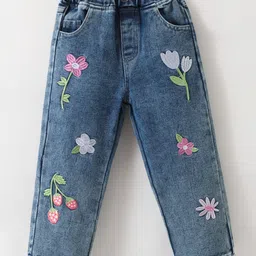 Kookie Kids Full Length Denim Jeans With Floral Embroidery - Blue-picture-48