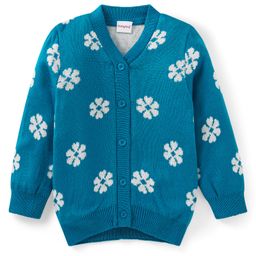 Babyhug Knitted Full Sleeves Front Open Sweater with Floral Design - Teal Blue-image-29