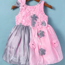 Bluebell Tissue Woven Sleeveless Balloon Party Frock with Floral Applique & BowDetailing- Pink-image-37