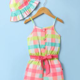 Dew Drops Poplin Woven Singlet Sleeves Front Open Jumpsuit With Checks & Cap - Multicolor-image-26