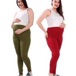 TUMMY Pack of 2 Viscose Solid Leggings - Green & Red-image-67