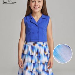 Arias Satin Lycra Woven Sleeveless Front Open Collared Top & Layered Printed Power Mesh Skirt Set - Blue-image-28