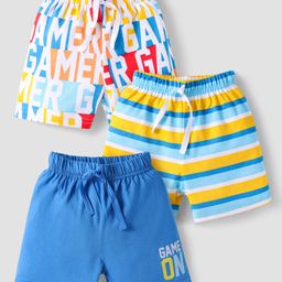Babyhug Cotton Knit Mid Thigh Length Shorts with Stripes & Text Print Pack of 3 - Blue & White-image-86