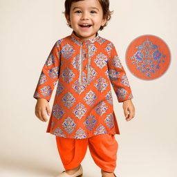 Earthy Touch Single Jersey Knit Full Sleeves Kurta Dhoti Set withFoil Print - Orange-image-81