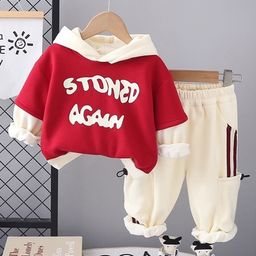 Googo Gaaga Cotton Full Doctor Sleeves Stoned Again Text Printed Hooded Sweatshirt & Taped Joggers Set - Red-image-60