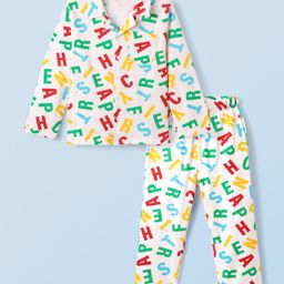 Honeyhap Premium 100% Cotton Knit Full Sleeves Front Open Co-ords Night Suit with Bio Finish & Alphabet Print - Bright White-image-12