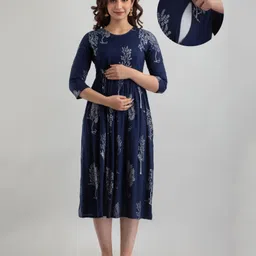 CeleBravo Rayon Three Fourth Sleeves Leaves Motifs Printed Maternity Dress With Nursing Access - Blue-picture-21