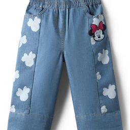 Babyhug Disney Denim Knit Full Length Jeans With Minnie Mouse Graphics - Light Blue-image-19