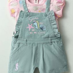 ToffyHouse Knitted Woven Half Sleeves Tee & Dungaree Set with Sea Life Theme Print - Green & Pink-image-56