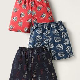 CUCUMBER Sinker Knit Above Knee Length Printed Shorts Pack of 3 - Red Blue & Black-image-63
