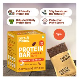 Tots & Moms Kids-Friendly Protein BarDates & Nuts (25g x 6) | 3.5g Protein per Bar | High Fibre & Gut-friendly | No Refined Sugar or Preservatives-93