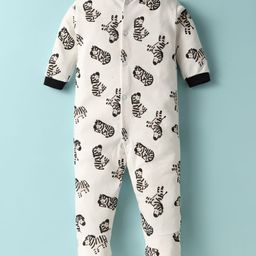 Kidi Wav Cotton Knit Full Sleeves Zebras Printed Sleepsuit - White-image-31