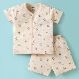 Pink Rabbit Single Jersey Knit Half Sleeves Shorts Co-Ord Night Suit With Panda Print - Beige-image-103