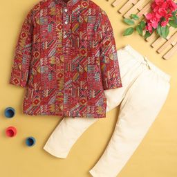 Jeet Ethnics Cotton Blend Full Sleeves Abstract Foil Printed Kurta Pyjama Set - Red-image-38