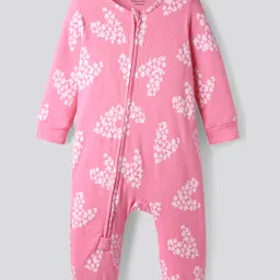 Bonfino 100% Cotton Knit Rib Fabric Full Sleeves Front Open Romper with Butterfly & Floral Print - Pink-picture-26