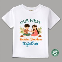 BLUSHES 100% Cotton Knit Raksha Bandhan Theme Half Sleeves Our First Raksha Bandhan Text Printed Tee - White-image-98