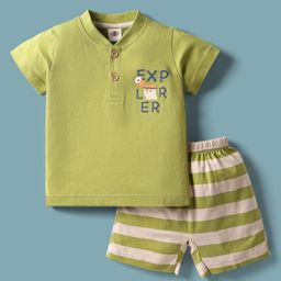 Zero Sinker Knit Half Sleeves Henley Neck T-Shirt & Striped Shorts Set With Teddy Bear Print - Lime Green-picture-39