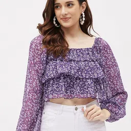 Kibo Women Floral Printed Puff Sleeve Square Neck Crop Top-picture-42