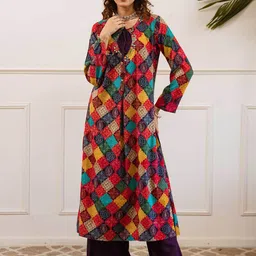 KALINI Geometric Printed Straight Mirror Work Kurta With Palazzos-image-47