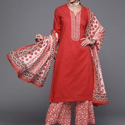 Biba Women Red Ethnic Motifs Printed Thread Work Pure Cotton Kurta with Trousers & With Dupatta-picture-2