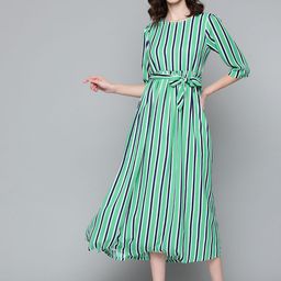 HERE&NOW Green Striped Georgette Midi Dress-image-29