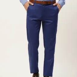 Sojanya Blue Cotton Regular Slim Fit Flat Front Trousers-image-19