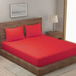 Hosta Homes Stripes Red 280 TC Poly Satin Fitted King Bed Sheet with 2 Pillow Covers-image-52