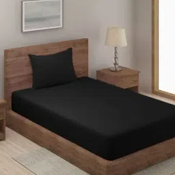 Hosta Homes Stripes Black 280 TC Poly Satin Fitted Single Bed Sheet with 1 Pillow Cover-image-87
