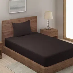 Hosta Homes Stripes Brown 280 TC Poly Satin Fitted Single Bed Sheet with 1 Pillow Cover-image-89