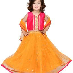 Saka Designs Kids Pink & Orange Embellished Lehenga with Choli & Dupatta-image-3