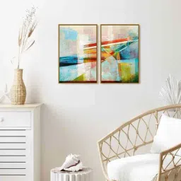 999Store Multicolor Vinyl Wall Painting Panel with Fibre Frame - Set of 2-8