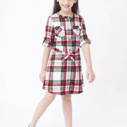 Ed-a-Mamma Kids Red & White Cotton Chequered Full Sleeves Dress-picture-25