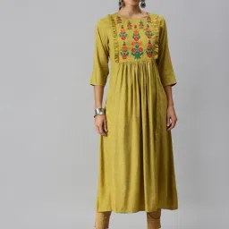 SHOWOFF Yellow Cotton Embroidered Calf Length A Line Kurta-image-28