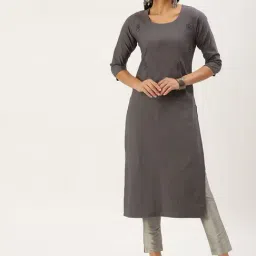 SHOWOFF Grey Cotton Embellished Calf Length Straight Kurta-image-45