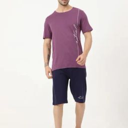 Masculino Latino Purple & Blue Regular Fit Printed Nightwear Set-image-60