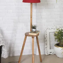 Homesake 'Tripod' Red & Brown Wood Tall Floor Lamp With Shade & Bulb - Set of 1-2