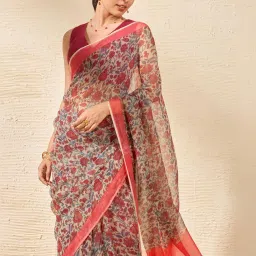 Taneira Grey & Red Printed Saree With Unstitched Blouse image 4