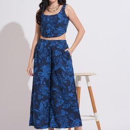 Murcia Women Navy Blue Floral Printed Corset Top & Wide Leg Pant Co-Ord Set-image-38
