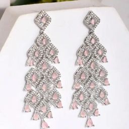 Voylla Silver Sparkling Elegance Luxurious Soft Pink American Diamond Drop Earrings-picture-22