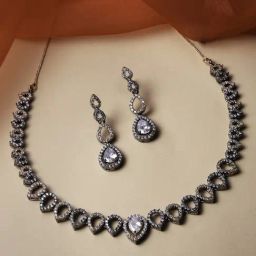 Zeneme Rose Gold Plated American Diamond Studded Spheroid Necklace and Earrings Set-10